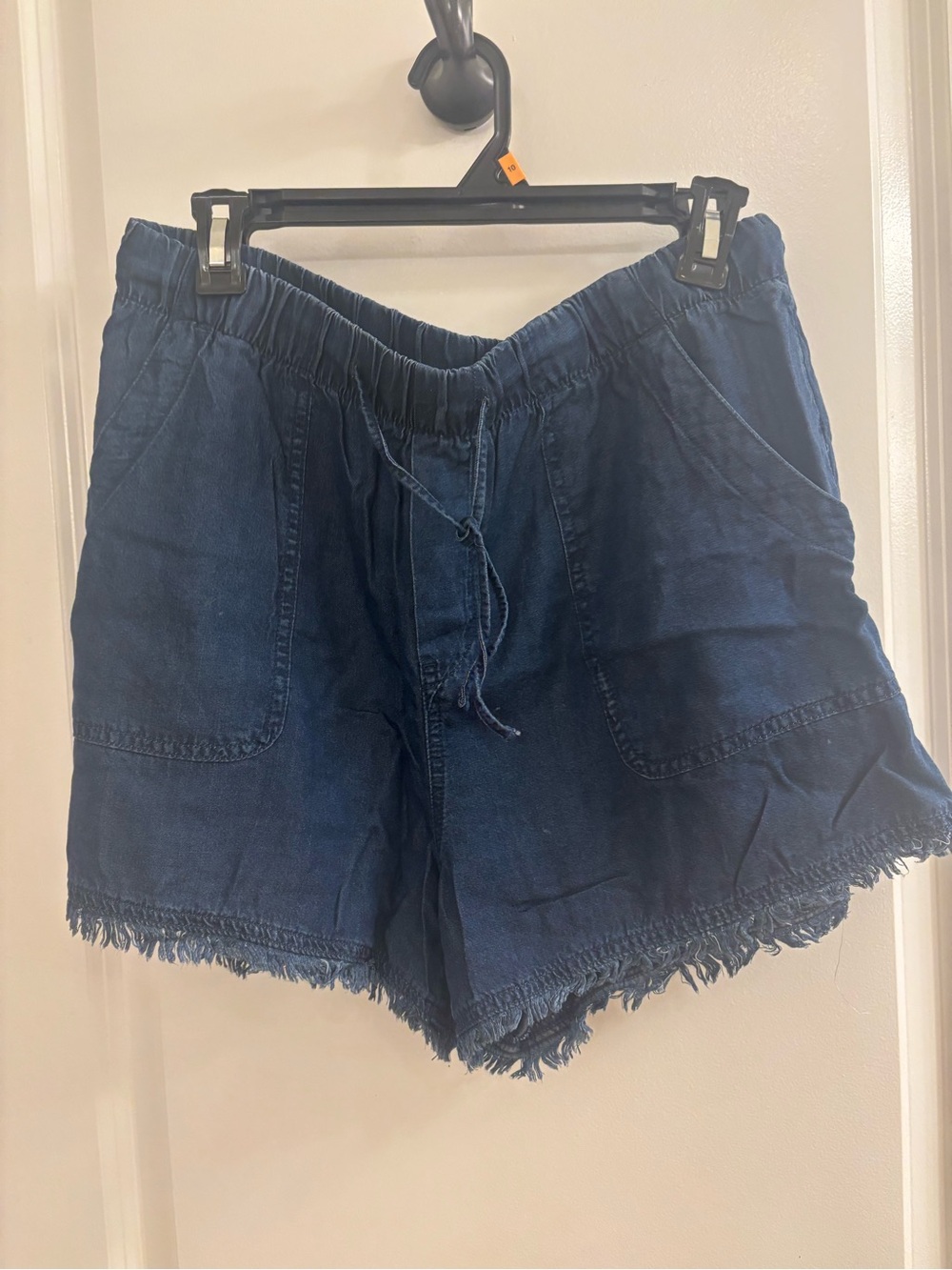 Time and Tru Dark Blue Drawstring Denim Shorts with Frayed Hem